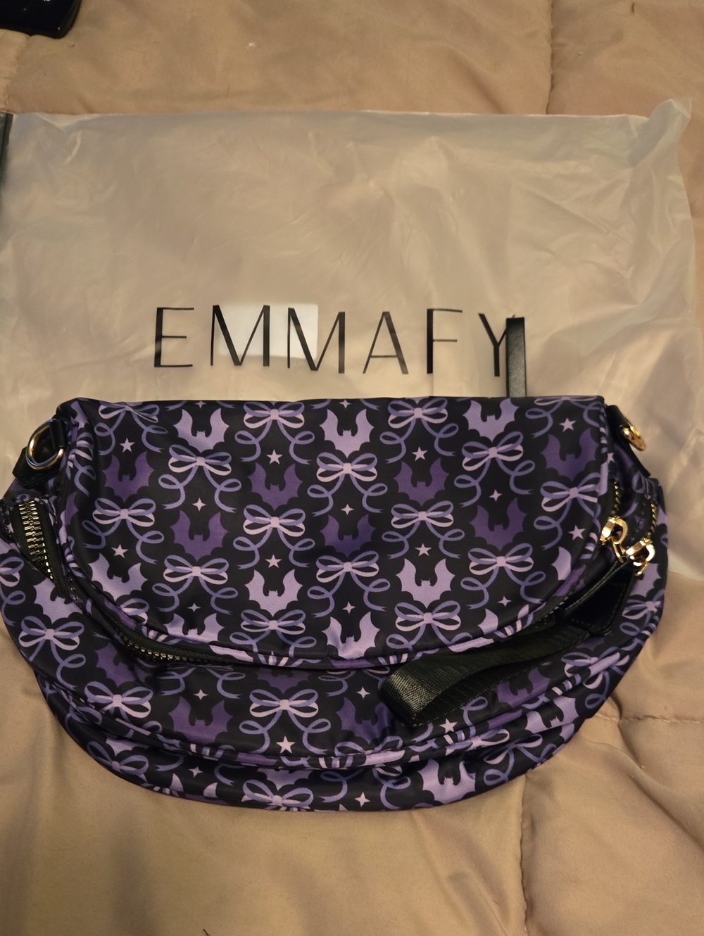 Brand NEW EMMAFY HALLOWEEN Purple Bow-Print Crescent Shoulder Bag